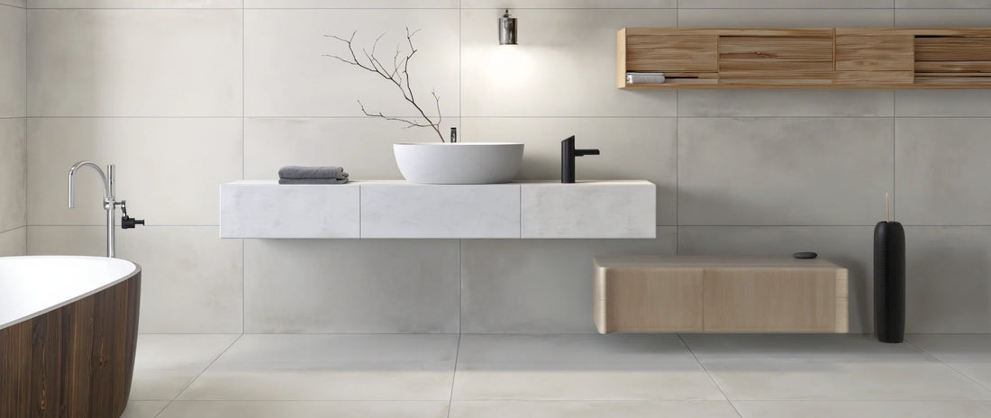 White concrete effect porcelain tiles 60x120 on bathroom floor and wall in a modern minimalist setting