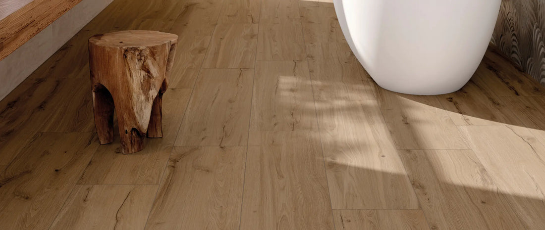 Wood effect porcelain tile floor in modern bathroom with natural finish