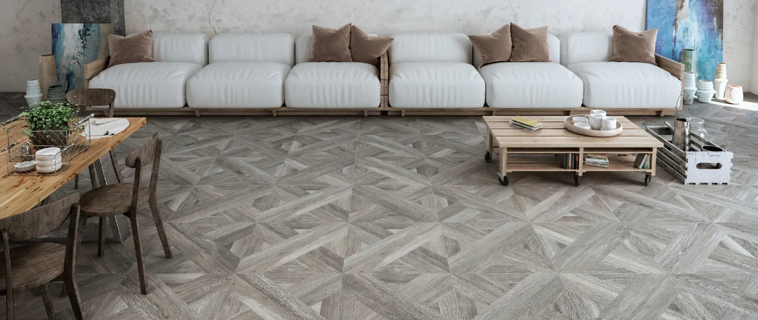 Wood effect porcelain tiles with geometric pattern in a modern living room