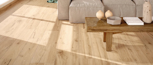 Wood-effect porcelain tiles in a modern living room