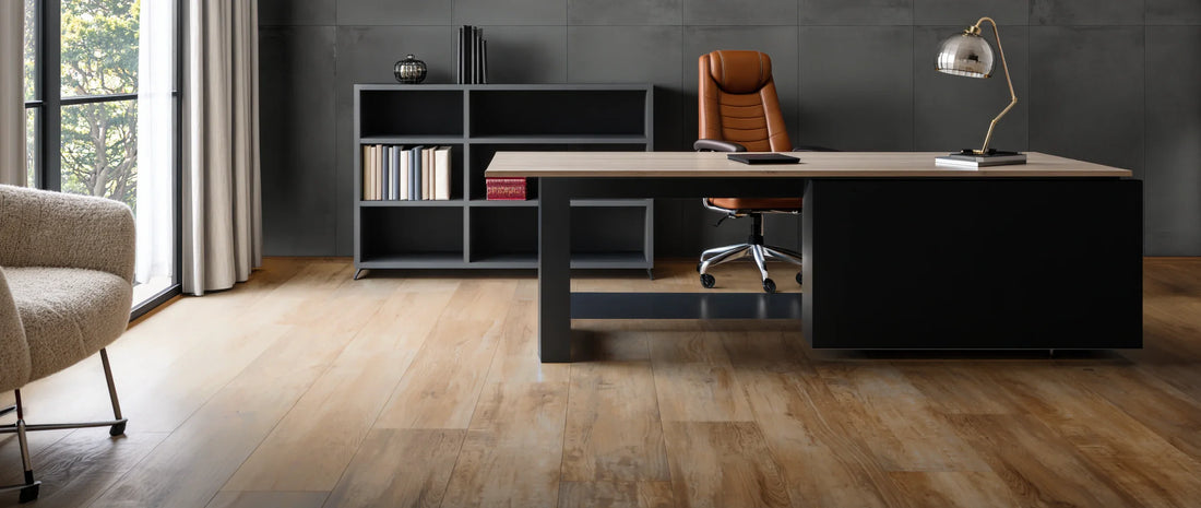 Wood-effect porcelain tiles in a modern office with a dark concrete-effect tiled wall