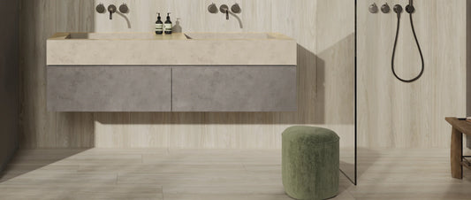 Bathroom with light wood effect porcelain tiles laid tone on tone on floor and walls, vertical planks on the walls