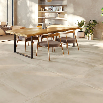 Beige concrete effect floor tiles in modern living and dining interior, Caementum Sabulum