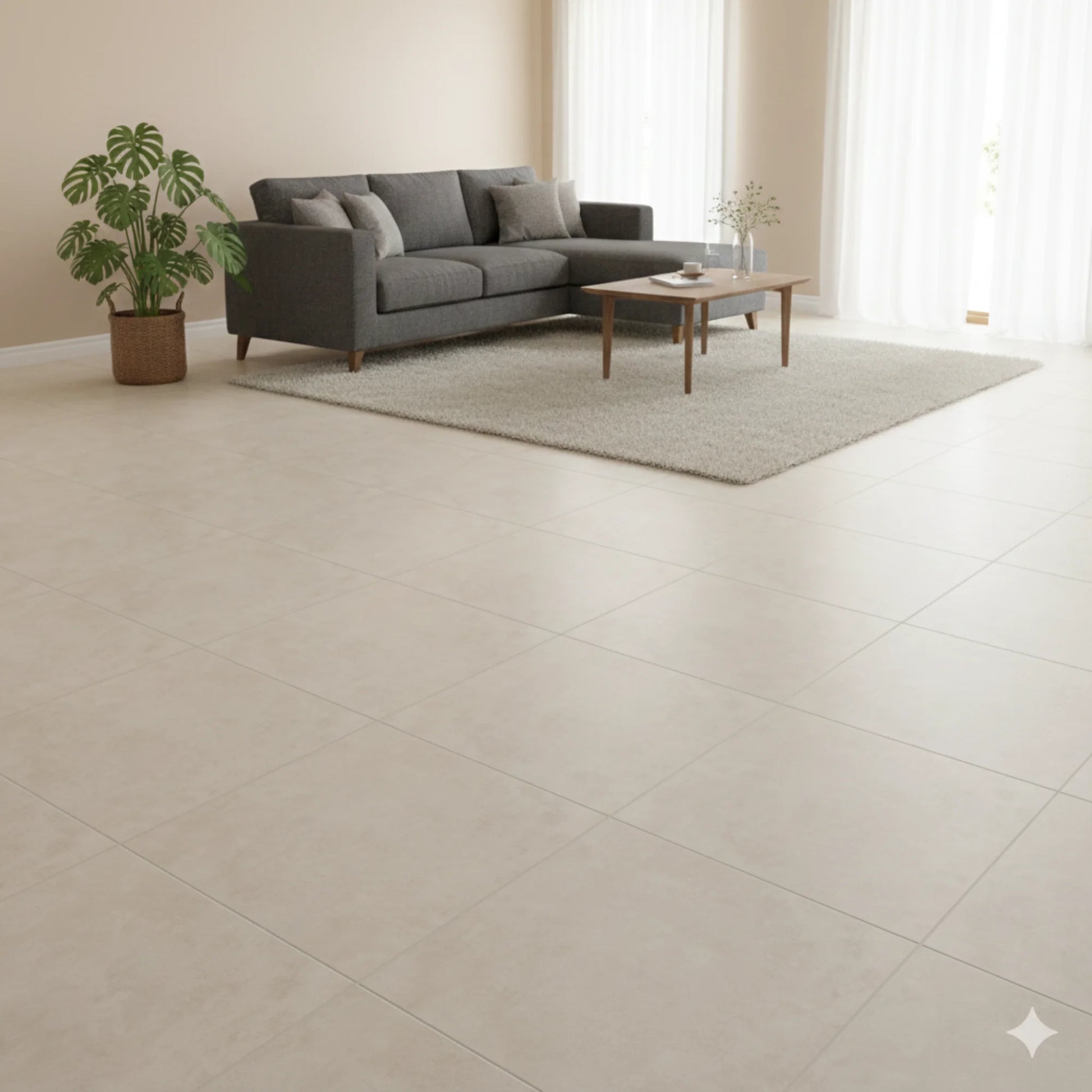 Living room interior with beige concrete-effect floor tiles, Magnum Beige series