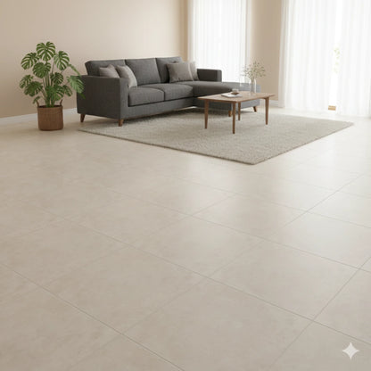 Living room interior with beige concrete-effect floor tiles, Magnum Beige series