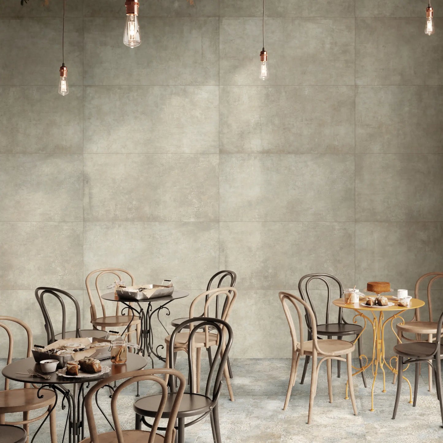 Beige concrete-effect porcelain tile in a café interior, My S’Tile My Sand