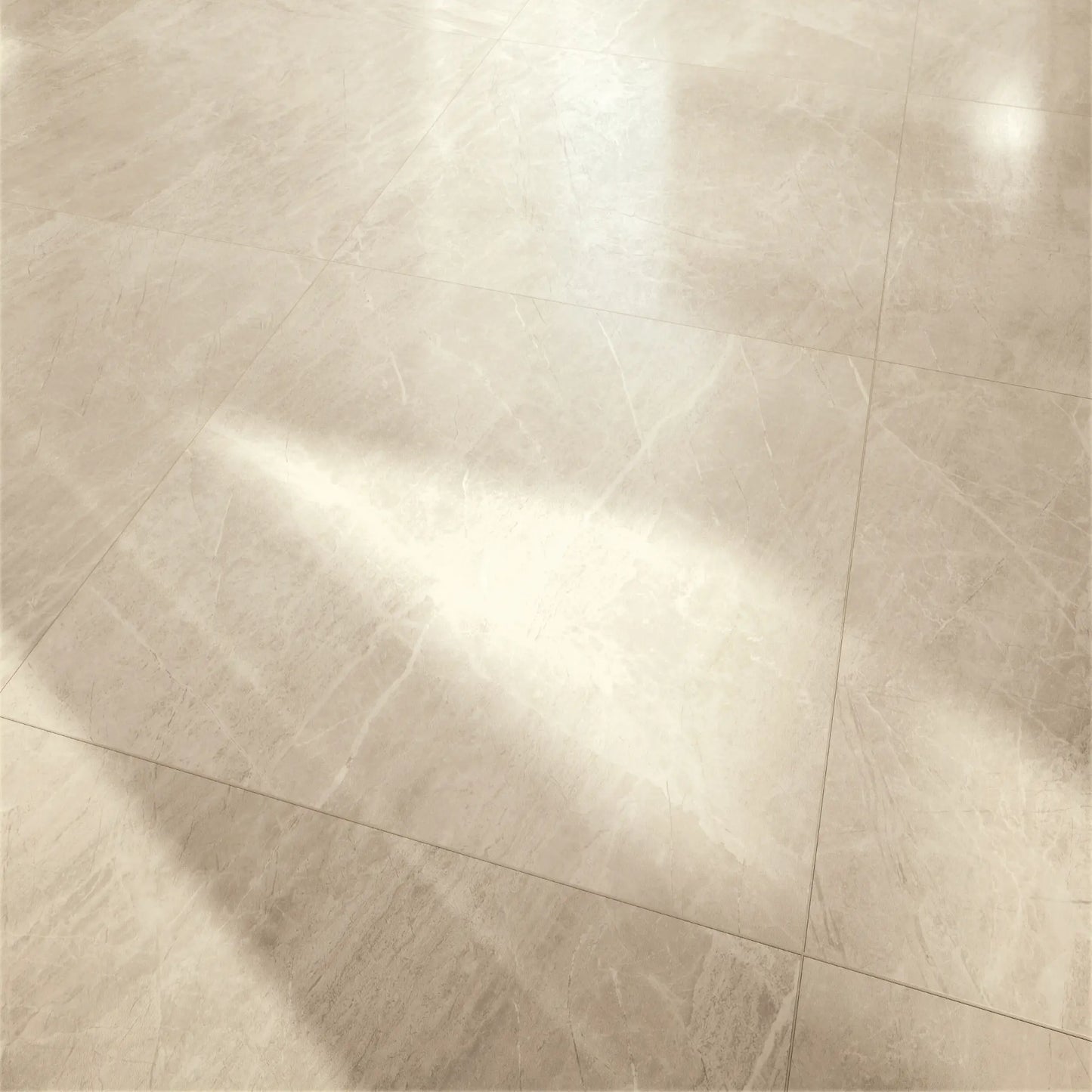 Porcelain floor in beige marble effect with matte finish installed in a bright interior space, Athena almond