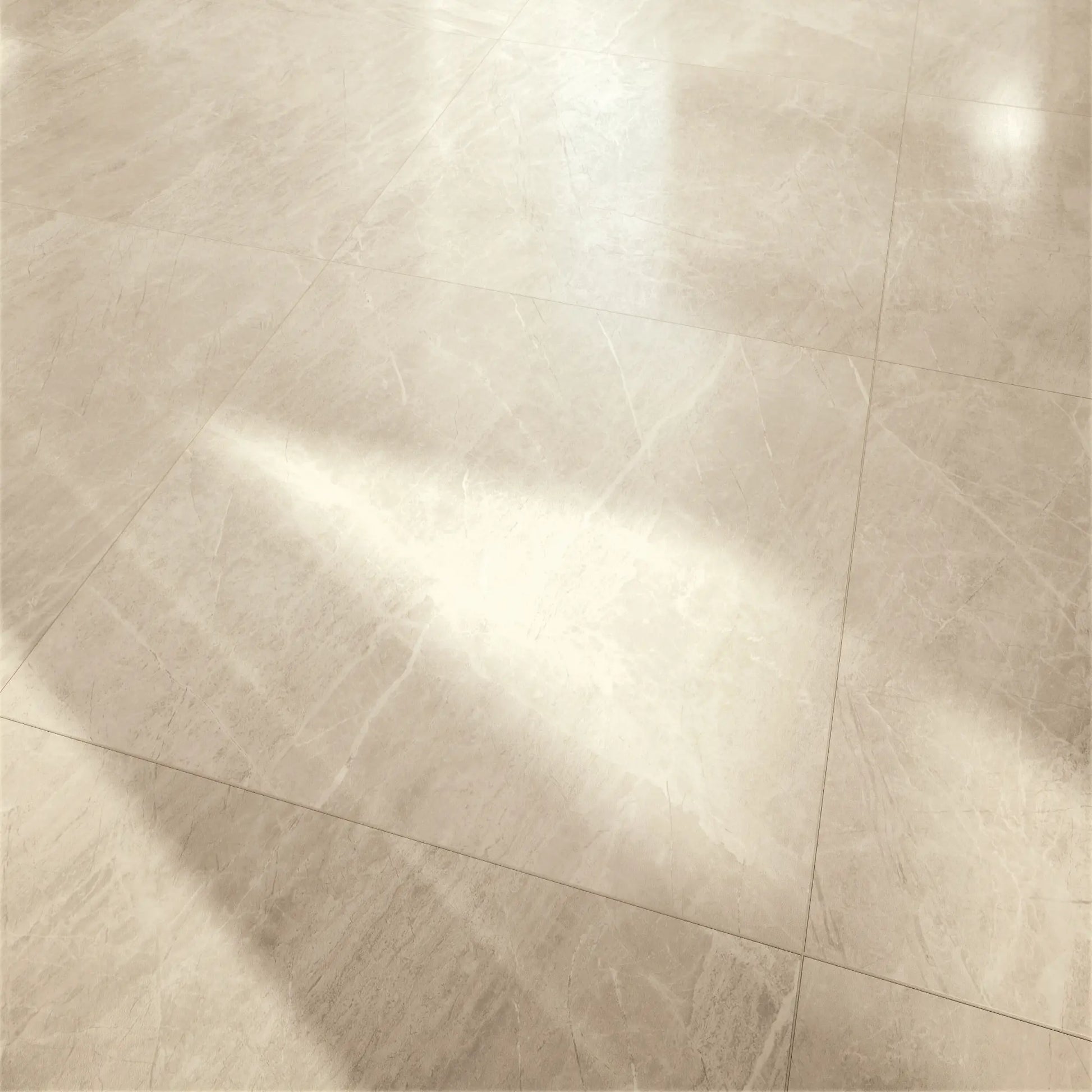 Porcelain floor in beige marble effect with matte finish installed in a bright interior space, Athena almond