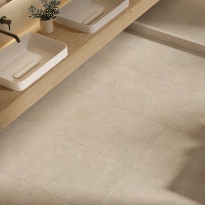 Beige stone effect porcelain bathroom floor tiles, eterea naturale