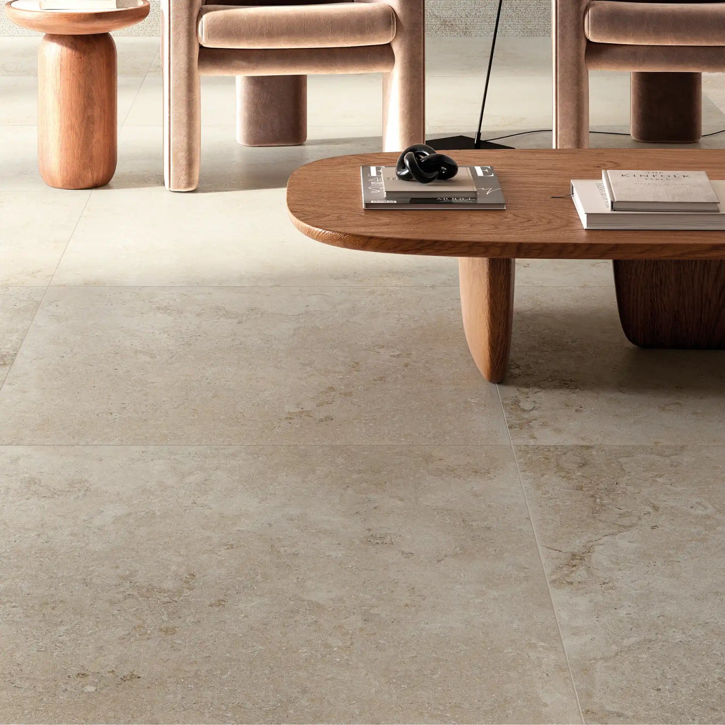 Living room with beige stone effect porcelain floor tiles – Colosseo Panna