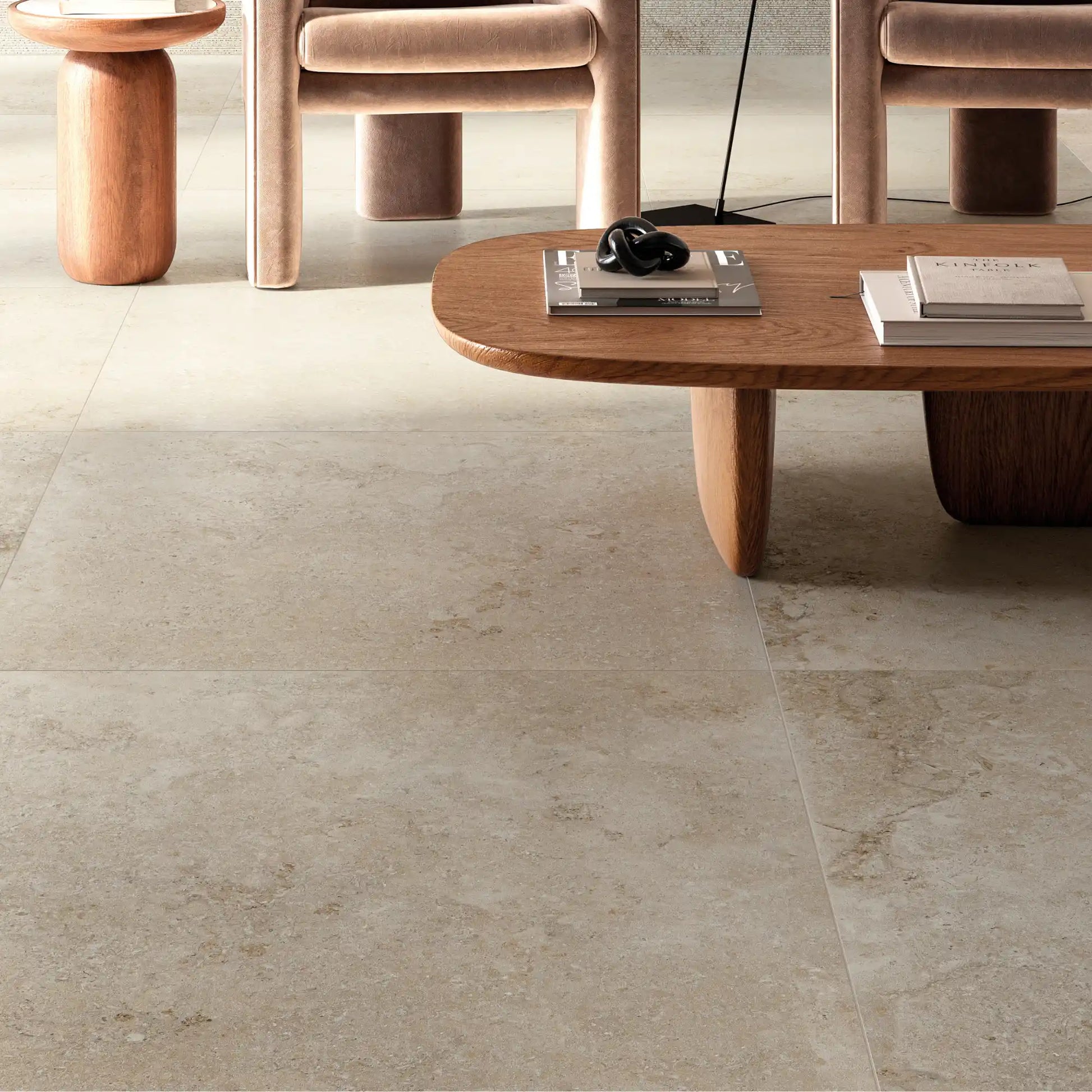 Living room with beige stone effect porcelain floor tiles – Colosseo Panna