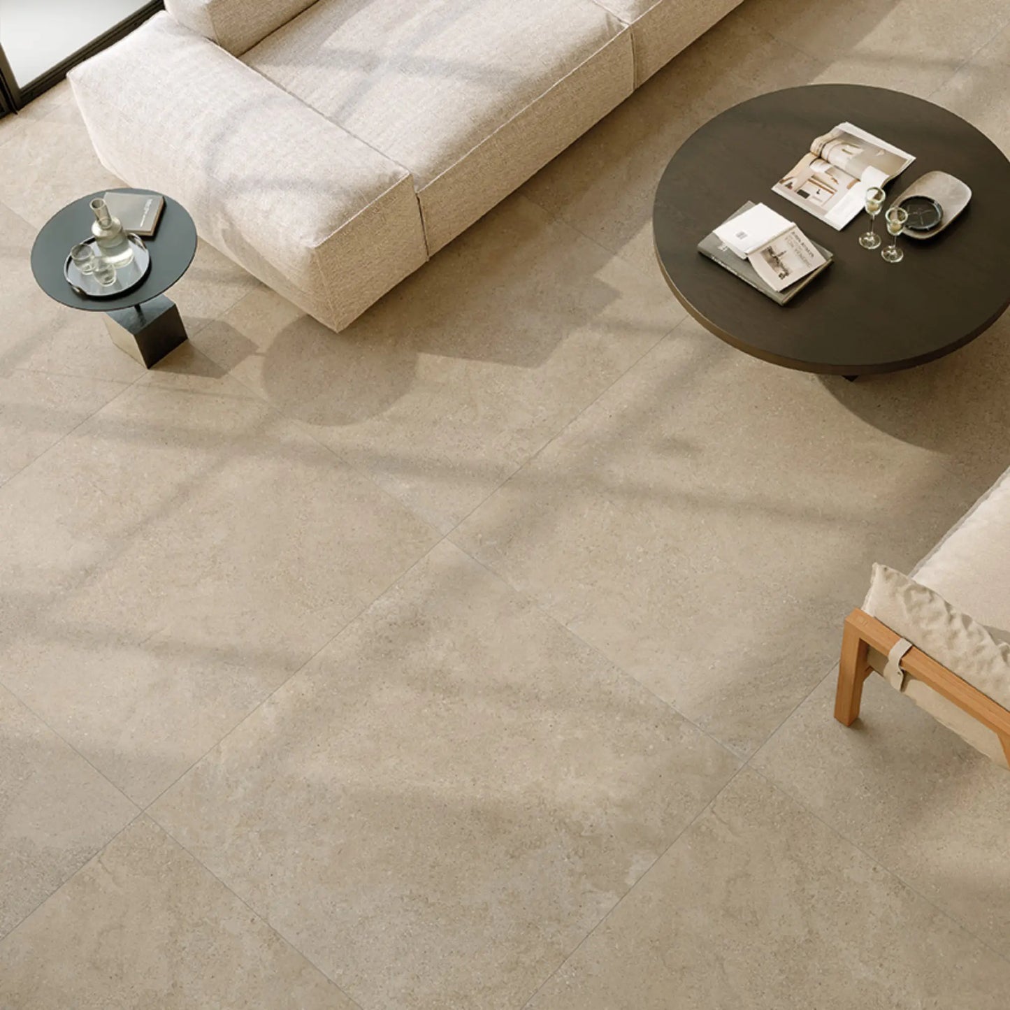 Beige stone effect porcelain tile living room flooring, eterea naturale