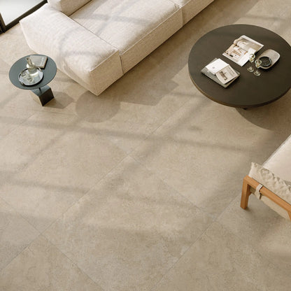 Beige stone effect porcelain tile living room flooring, eterea naturale