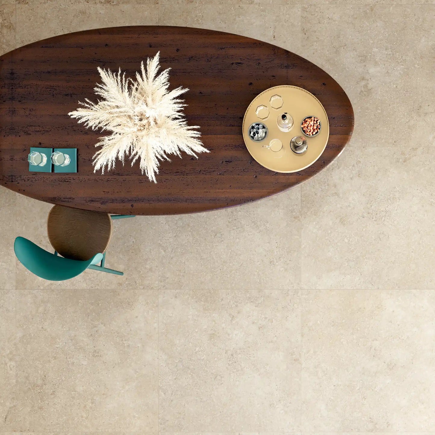 Top view of beige stone effect large porcelain tiles – Colosseo Panna