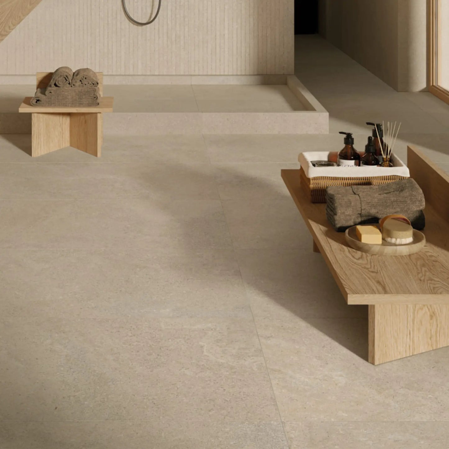 Beige stone effect porcelain floor tiles spa wellness setting, eterea naturale
