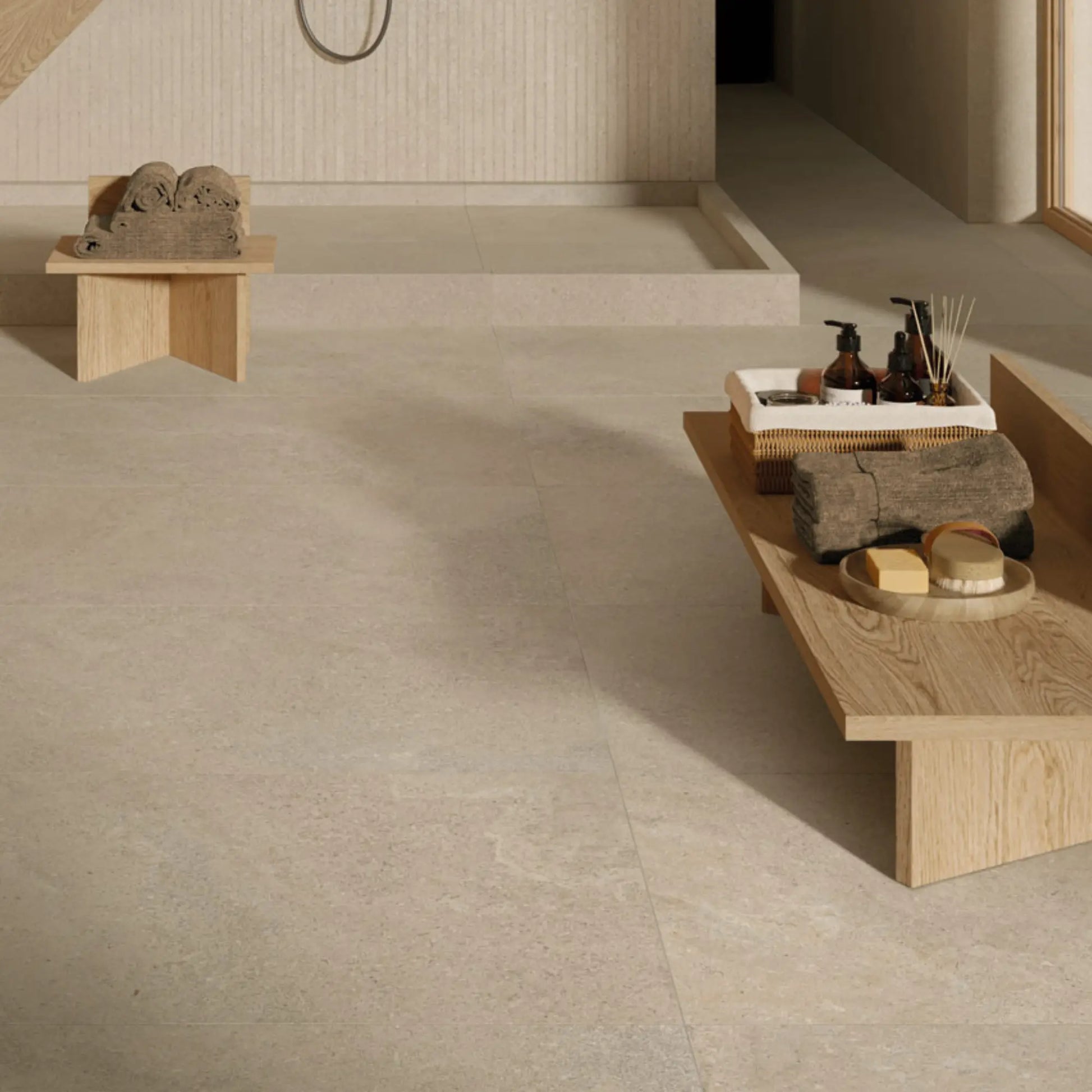 Beige stone effect porcelain floor tiles spa wellness setting, eterea naturale