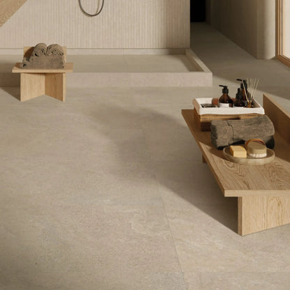 Beige stone effect porcelain floor tiles spa wellness setting, eterea naturale