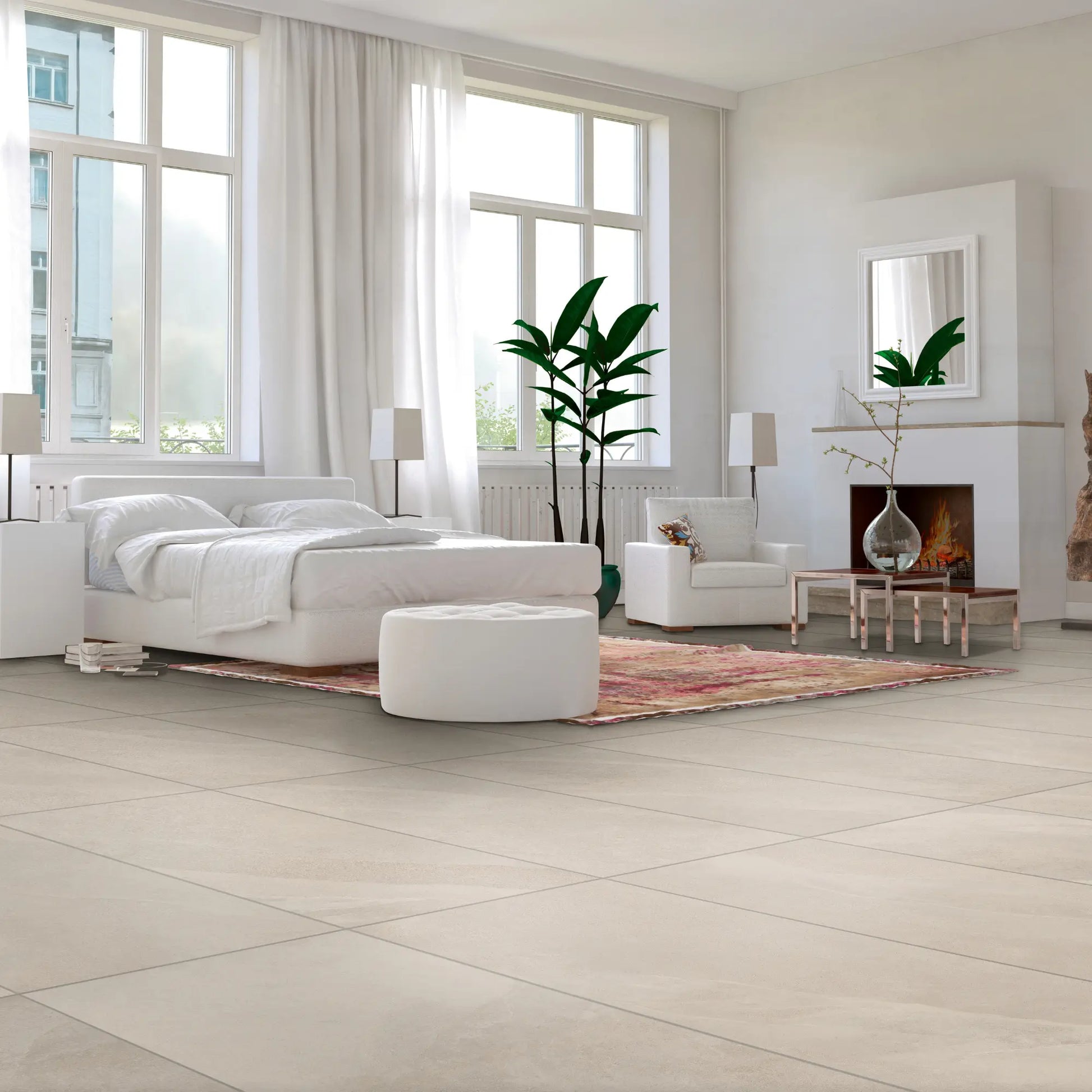 Beige stone effect porcelain tile flooring in a modern bedroom interior – Slash Almond