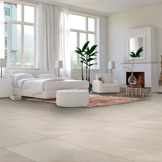 Beige stone effect porcelain tile flooring in a modern bedroom interior – Slash Almond