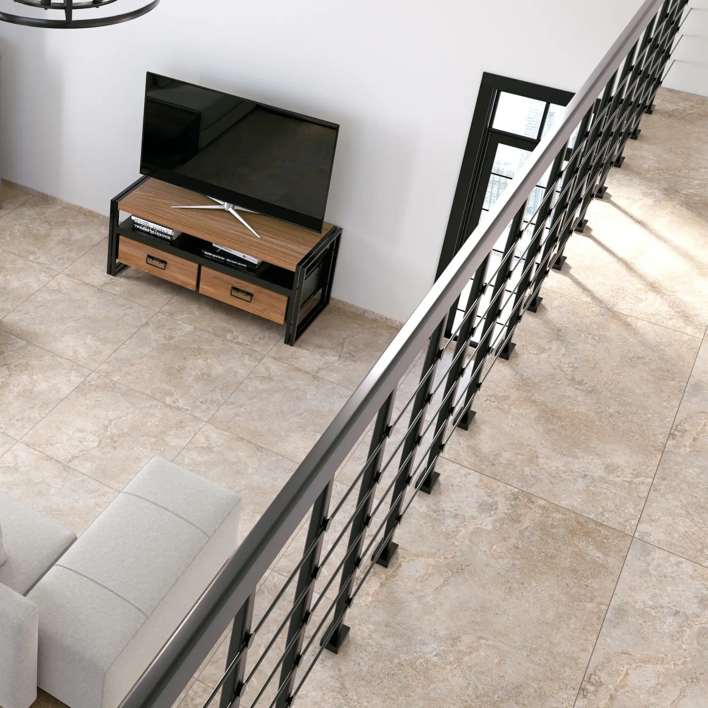 Living room floor with beige stone effect porcelain tiles, Dolomia Stone Almond