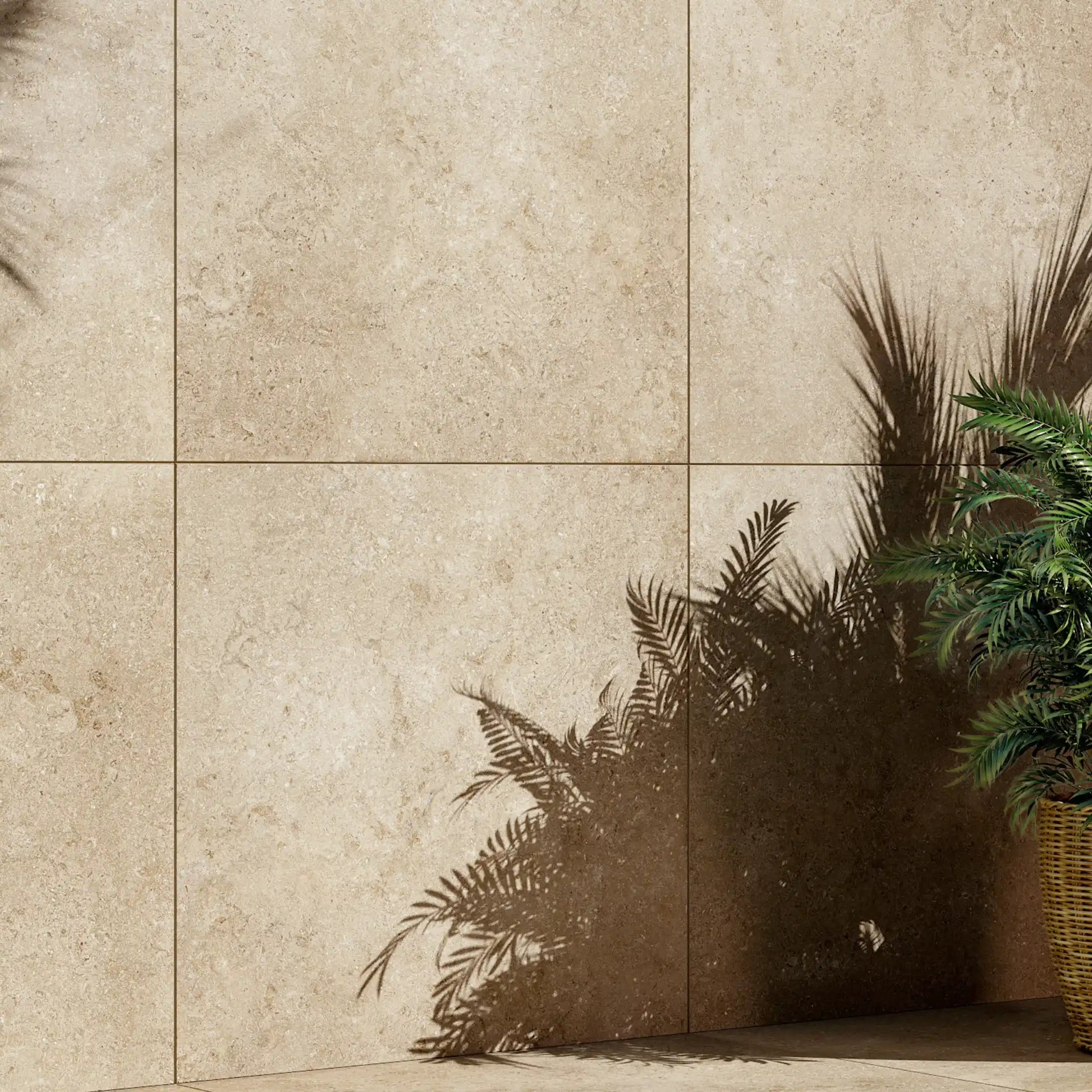 Beige stone-effect porcelain tiles installed in a modern outdoor wall setting, Colosseo Beige