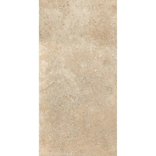Beige stone-effect porcelain tile with natural textured surface in rectangular format, Colosseo Beige