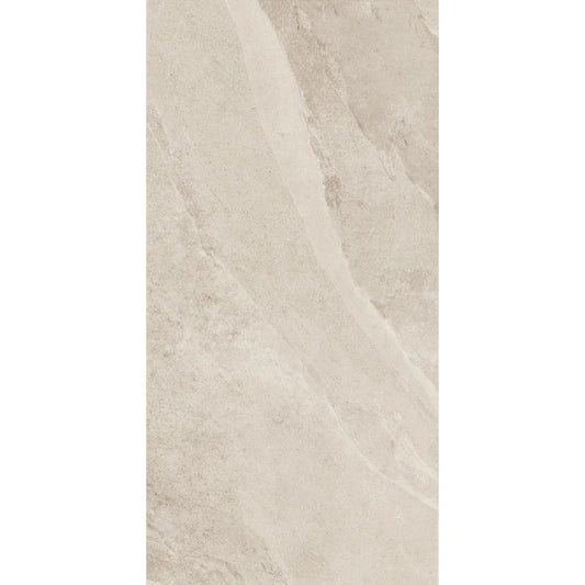 Beige stone effect porcelain tile with natural veining in rectangular format – Slash Almond