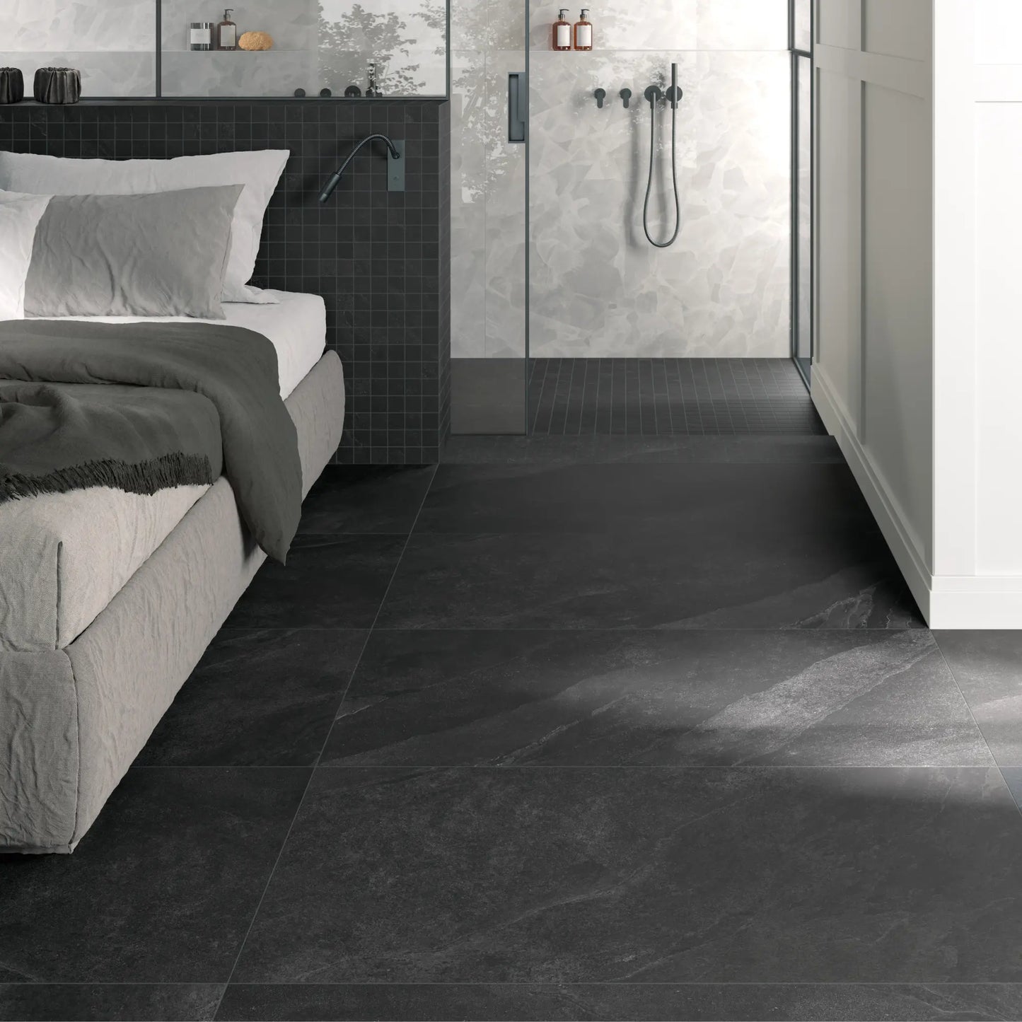 Black stone effect porcelain floor tiles in modern bathroom interior – Slash Anthracite