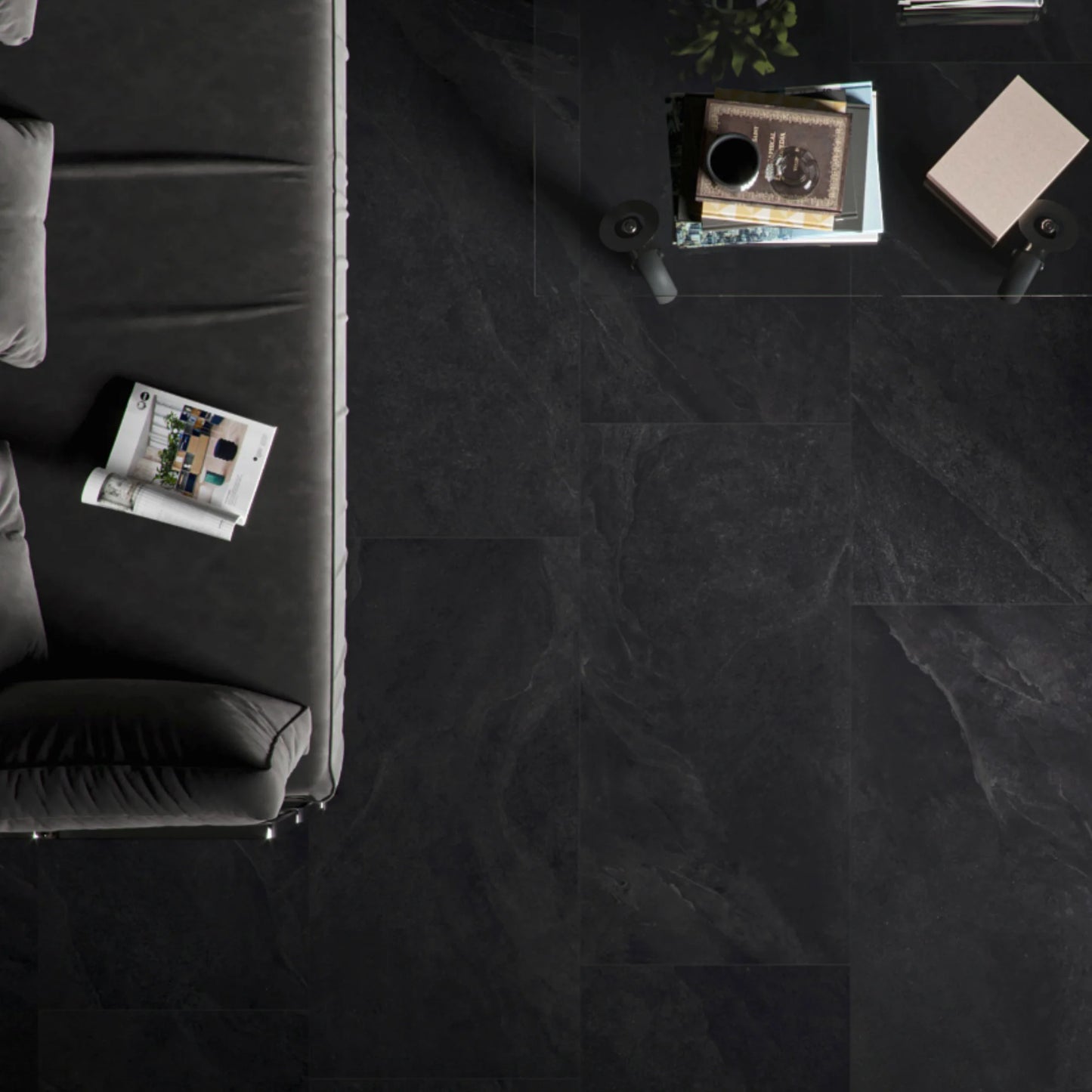 Black stone effect porcelain floor tiles top view – Slash Anthracite