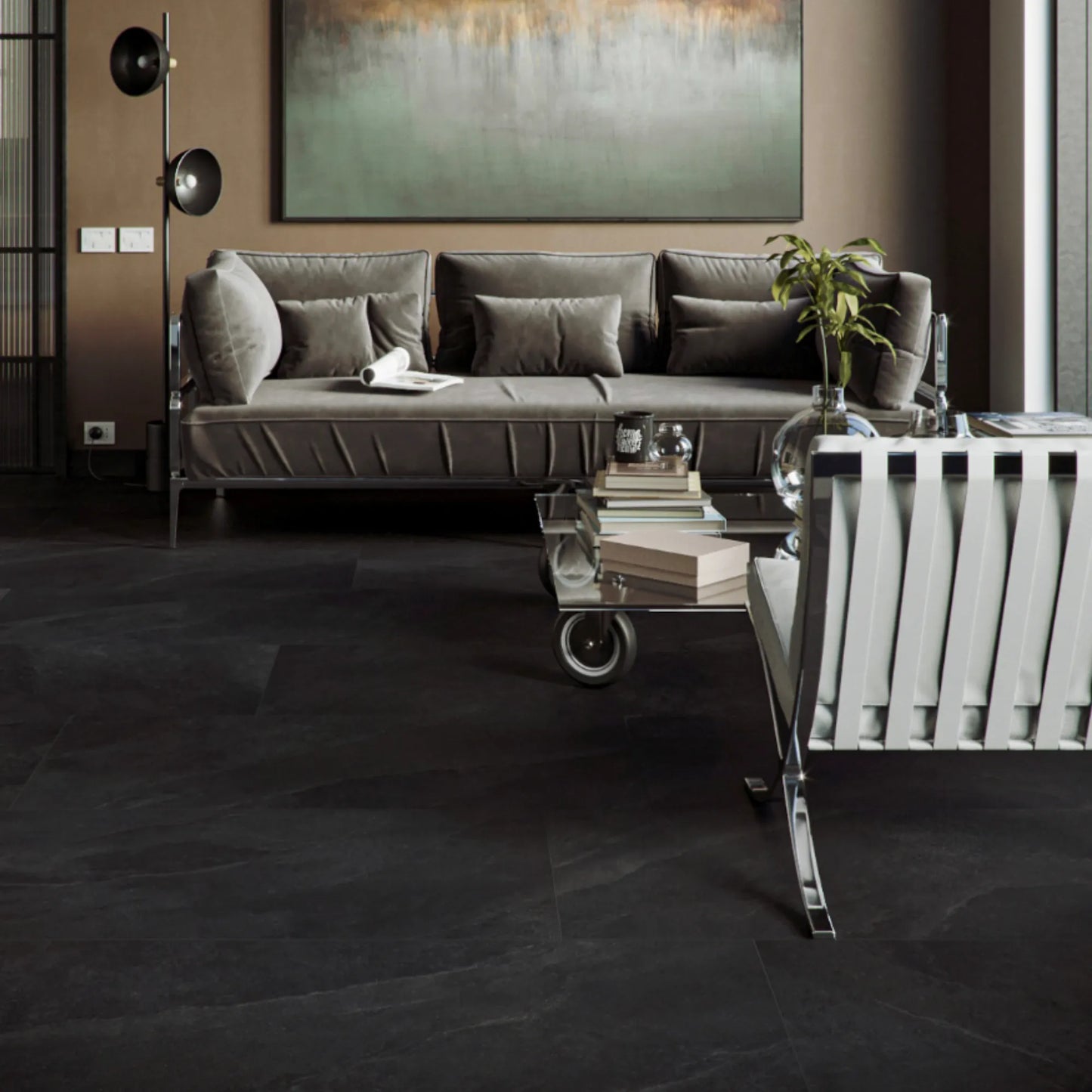 Black stone effect porcelain tile in modern living room interior – Slash Anthracite