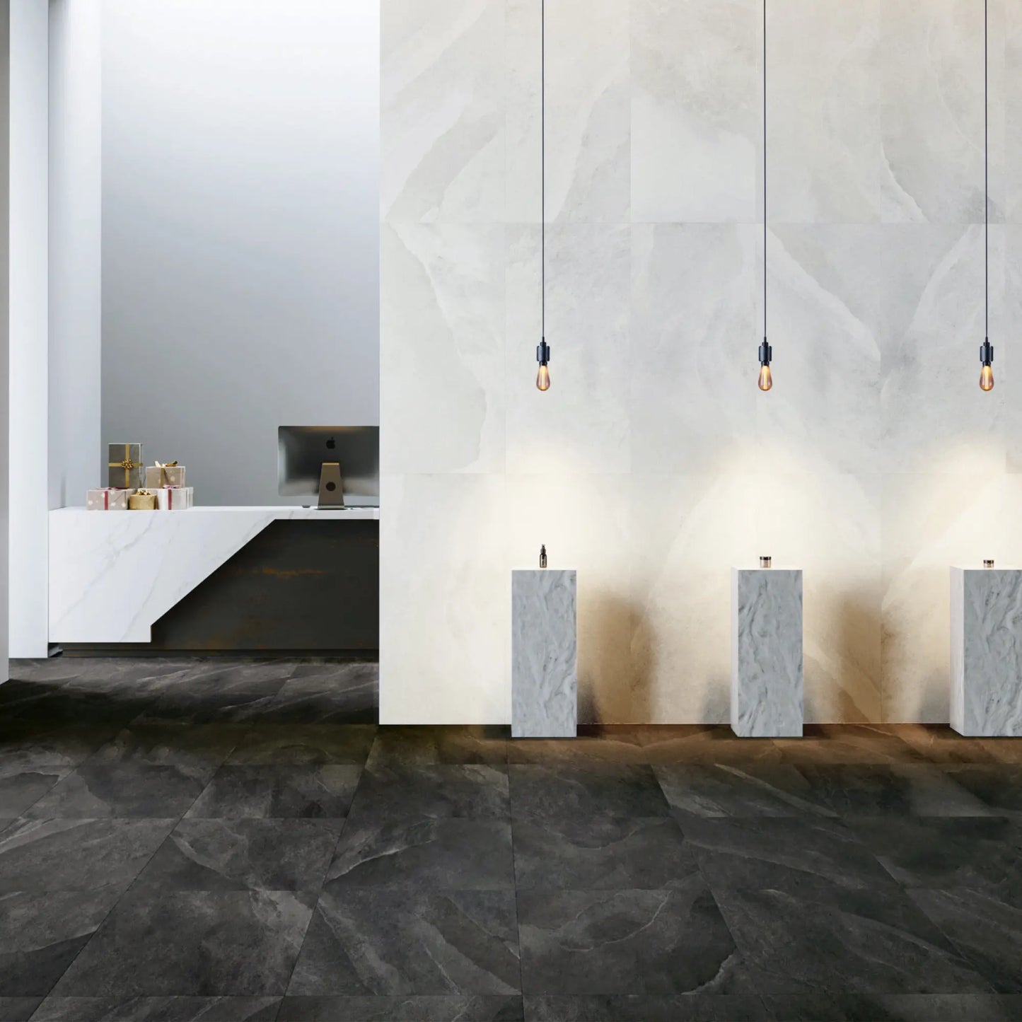 Black stone effect porcelain tiles in contemporary commercial interior – Slash Anthracite