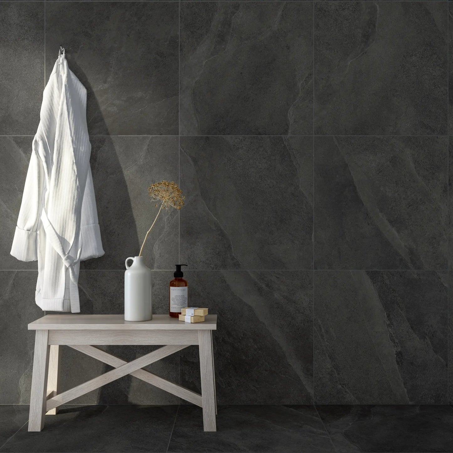 Black stone effect porcelain wall tiles in minimal bathroom setting – Slash Anthracite