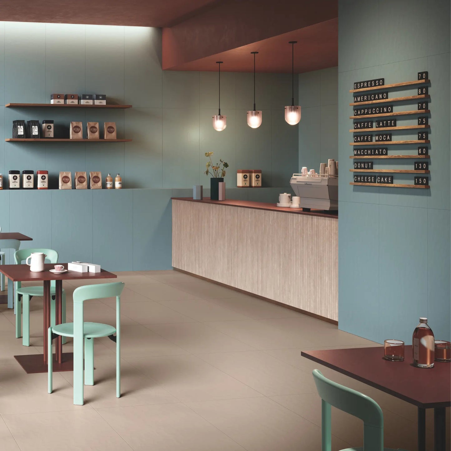 Blue concrete effect porcelain wall tiles in contemporary café interior, Le Resine Azzurro