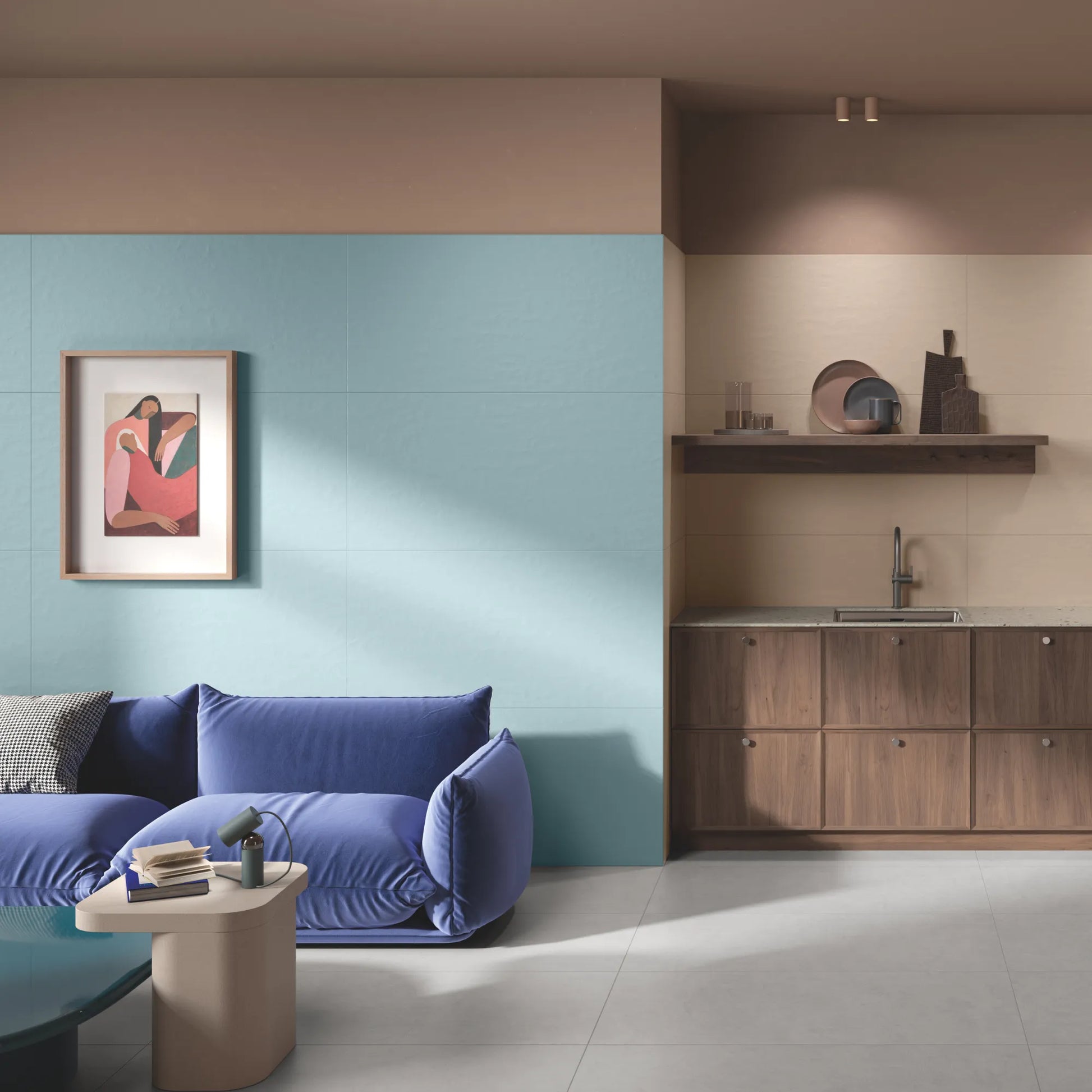 Blue concrete effect porcelain wall tiles in modern living room interior, Le Resine Azzurro