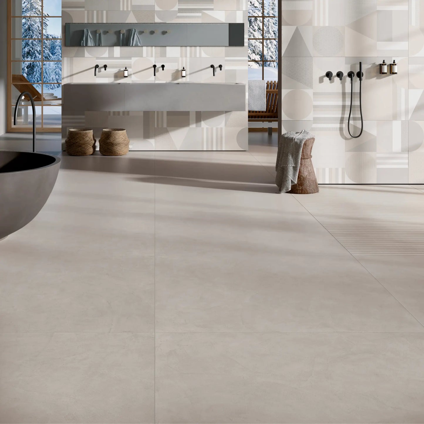 Concrete-effect porcelain floor and wall tiles in a modern bathroom, Le Resine Tortora