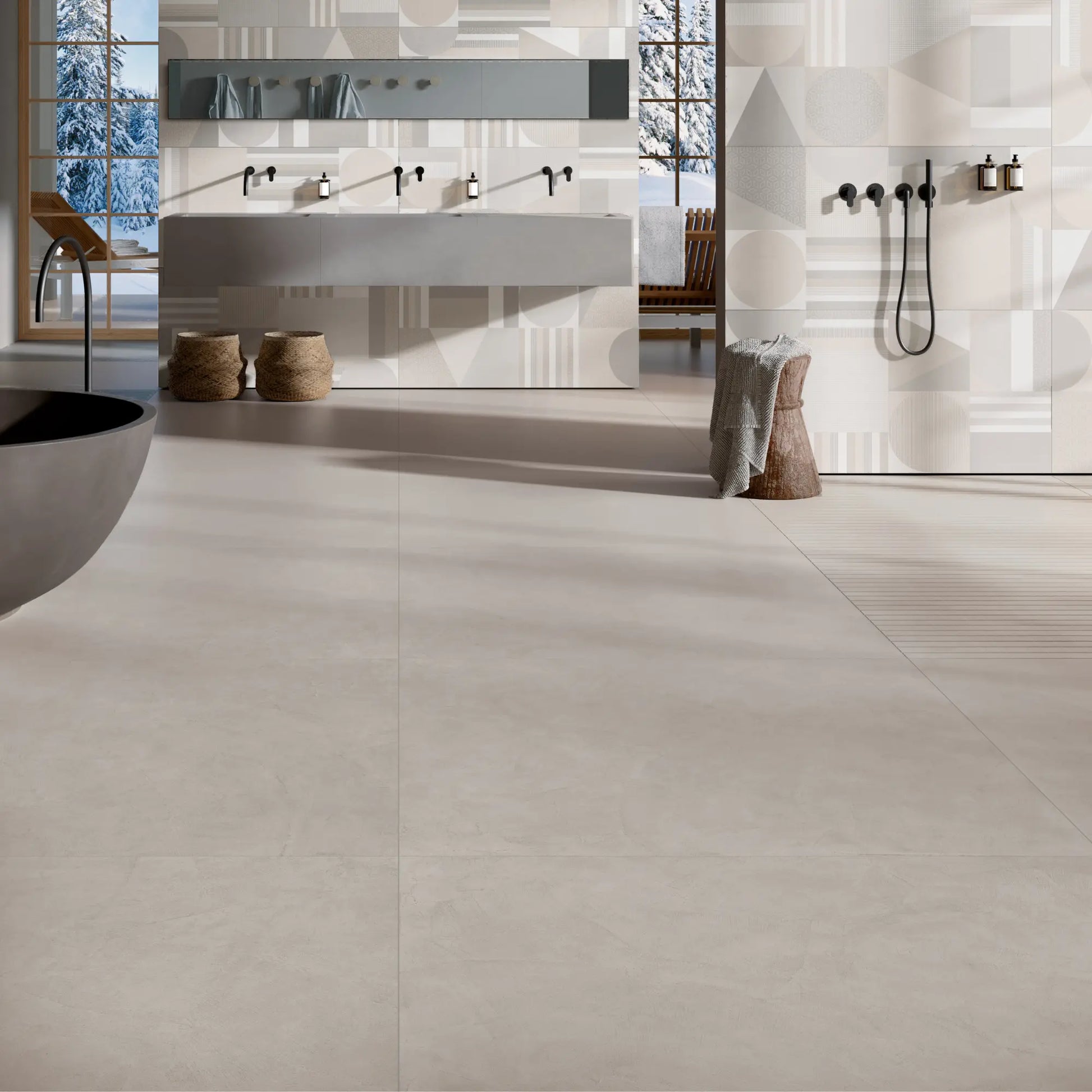 Concrete-effect porcelain floor and wall tiles in a modern bathroom, Le Resine Tortora