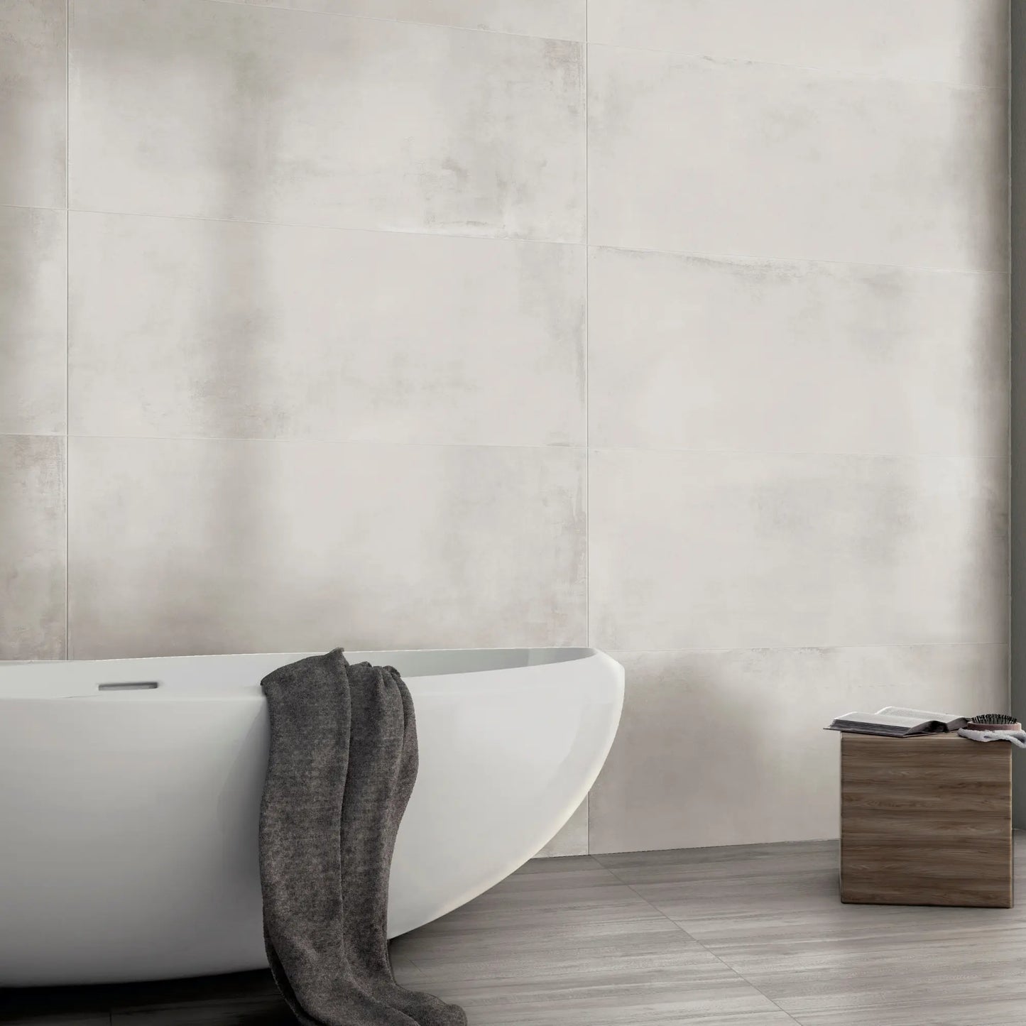 Concrete effect porcelain tiles on bathroom wall, Caementum Clarus