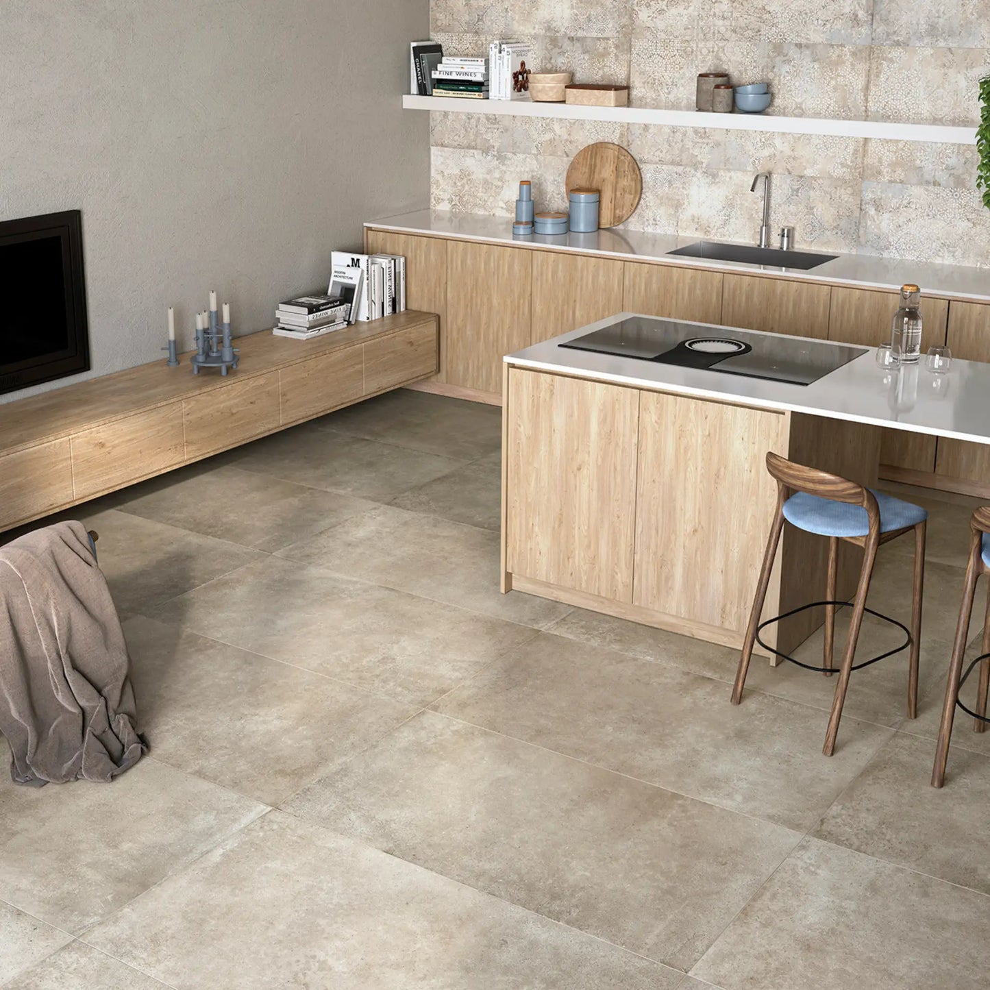 Modern kitchen with beige concrete-effect porcelain tiles used as flooring.