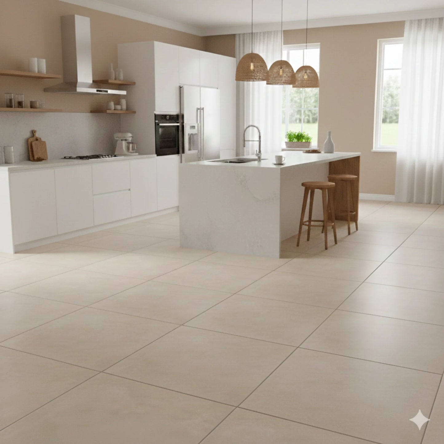 Modern kitchen with concrete-effect cream porcelain floor tiles – magnum cream