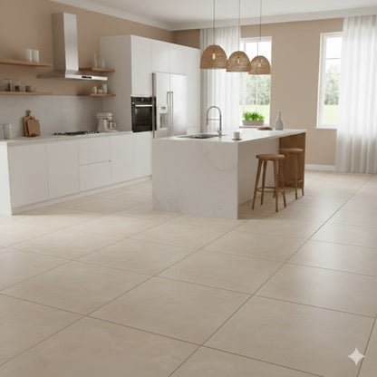 Modern kitchen with concrete-effect cream porcelain floor tiles – magnum cream