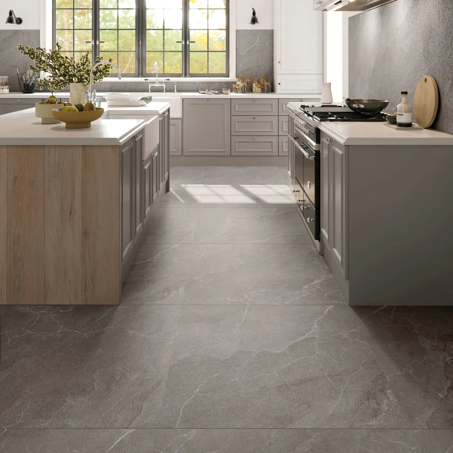 Dark grey porcelain floor tile in kitchen – Cortina Stone Fumo