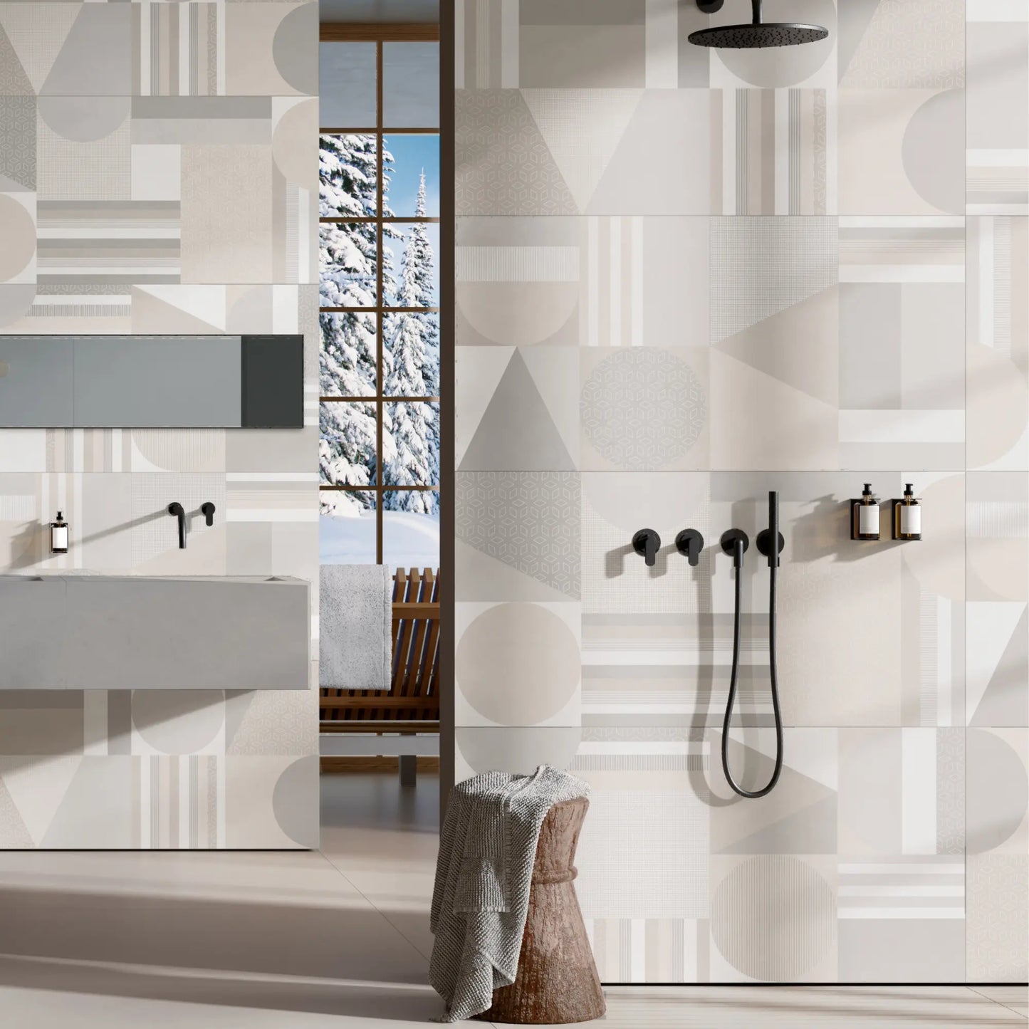 Decorative geometric porcelain wall tiles applied on a bathroom shower wall, le resine decoro