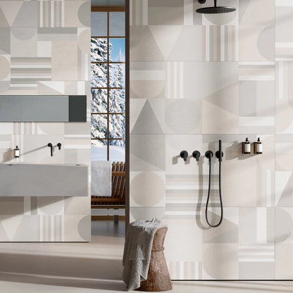 Decorative geometric porcelain wall tiles applied on a bathroom shower wall, le resine decoro