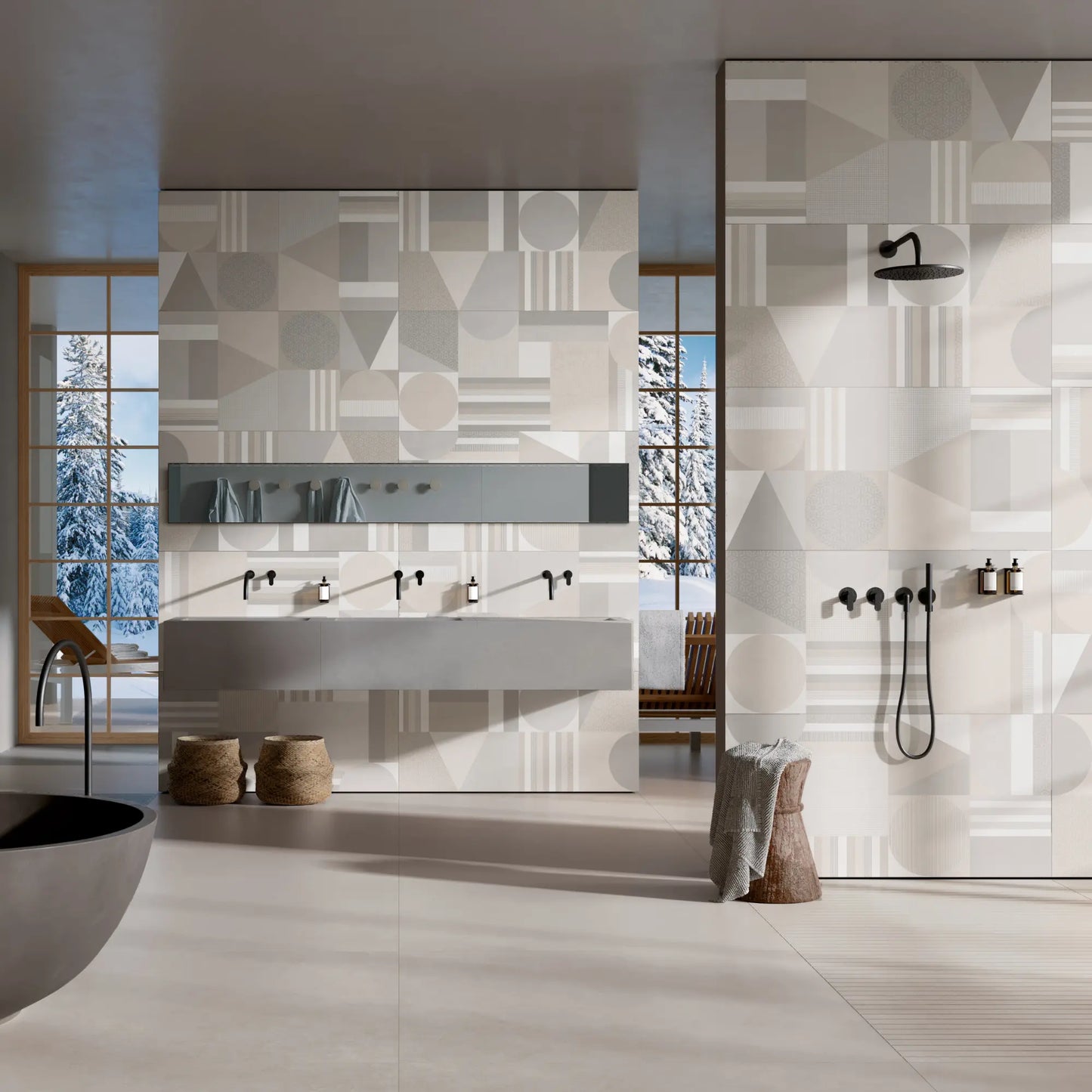 Decorative geometric porcelain wall tiles in a modern bathroom installation, le resine decoro