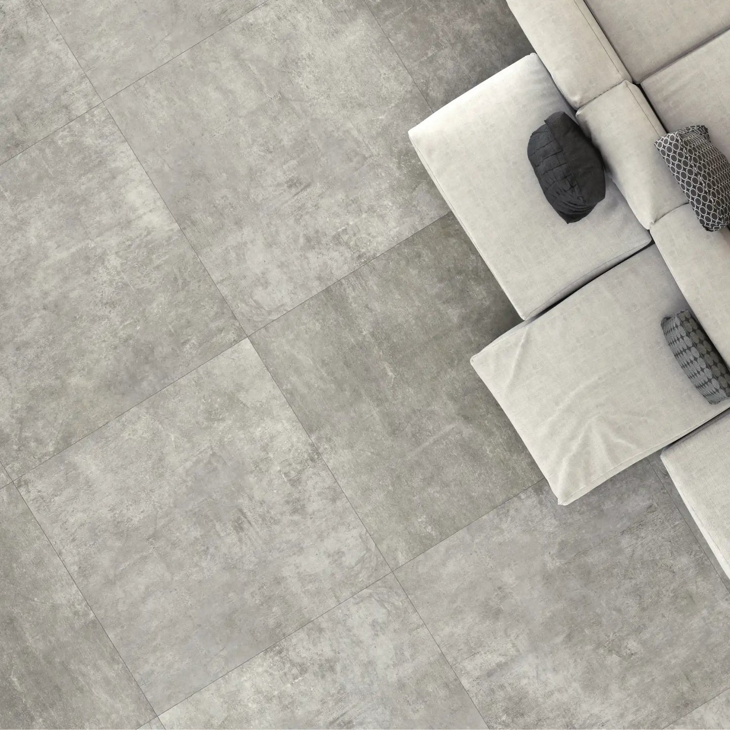 Grey concrete effect floor tile close-up in contemporary space, My S'Tile My Grey