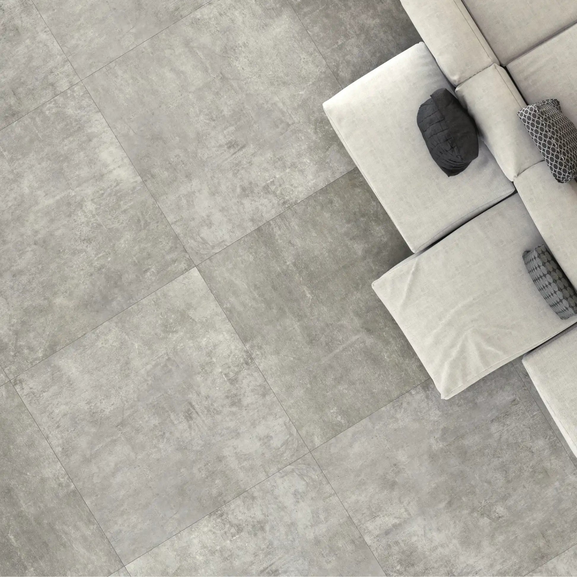Grey concrete effect floor tile close-up in contemporary space, My S'Tile My Grey