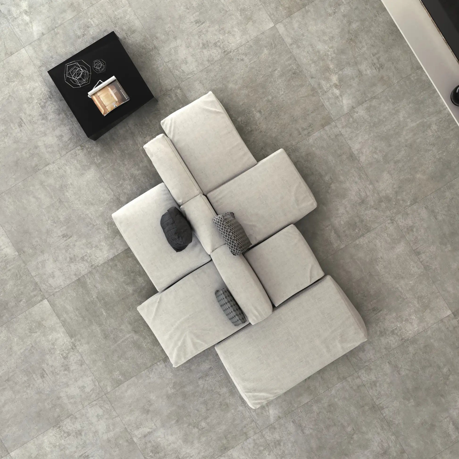 Grey concrete effect floor tiles in modern living room interior, My S'Tile My Grey