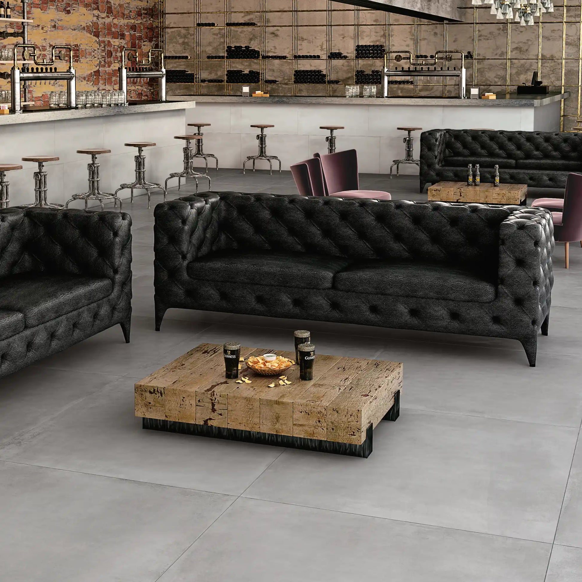 Grey concrete effect porcelain floor in modern bar interior Caementum Griseo