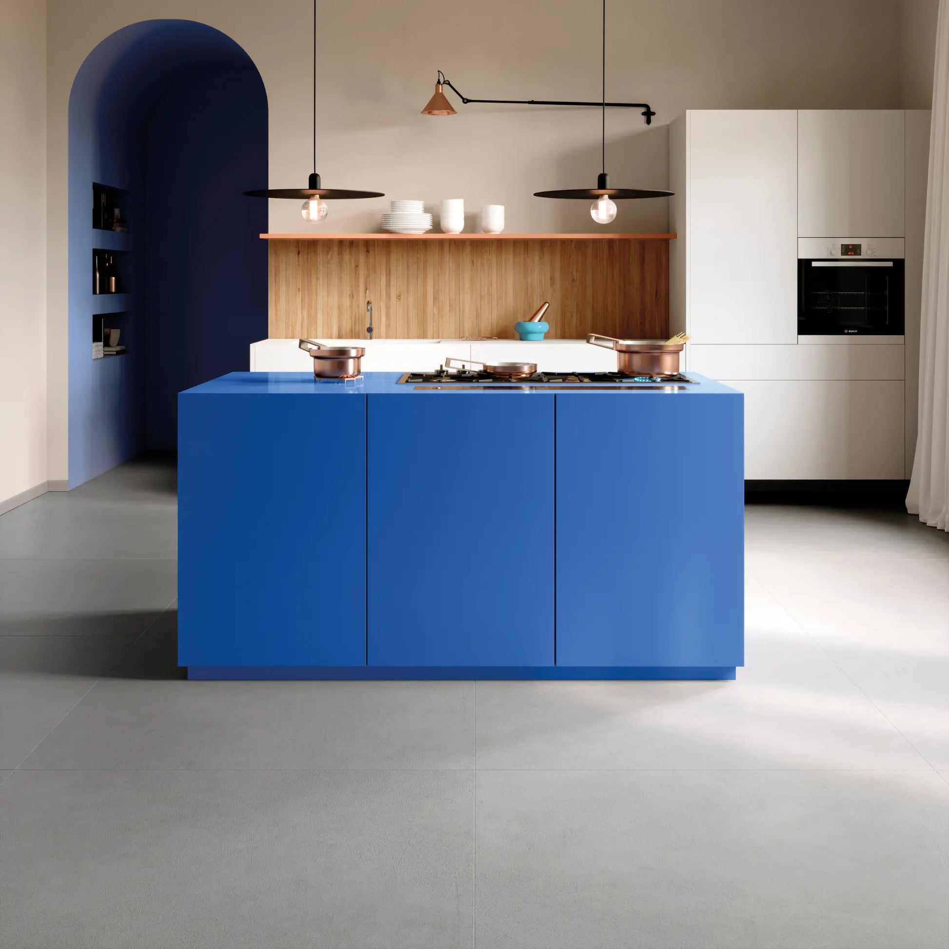 Grey concrete-effect porcelain floor in modern kitchen interior – Le Resine Grigio