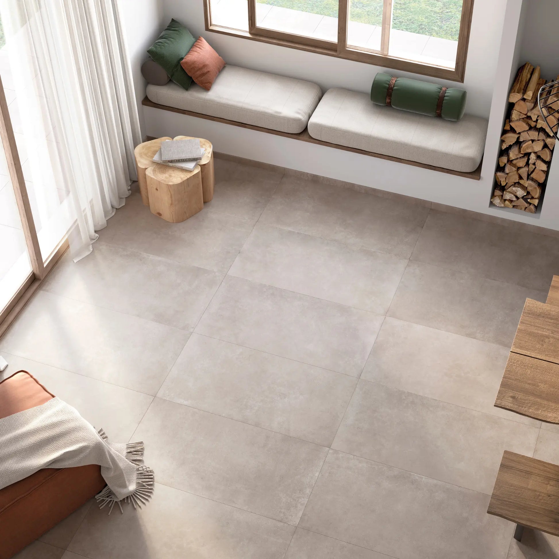 Living room with grey concrete-effect porcelain stoneware flooring – Continental Smoke.